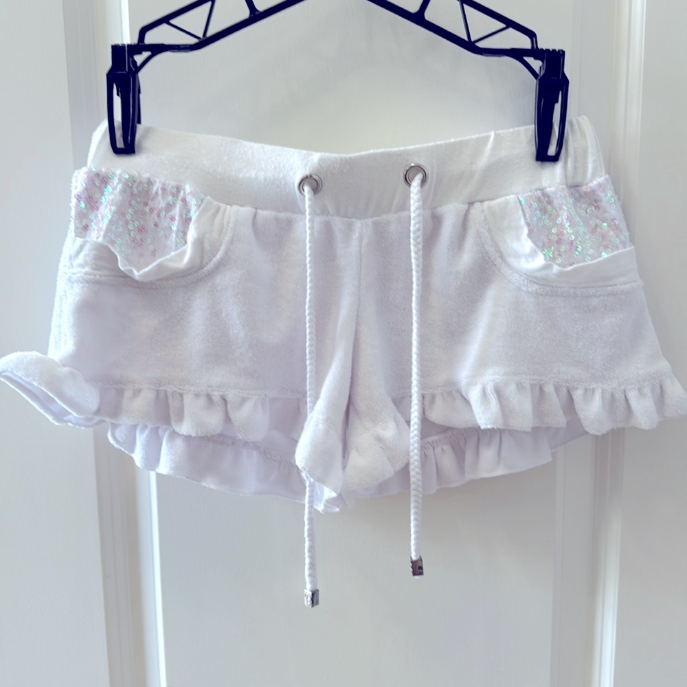 RARE BEACH BUNNY WHITE SEQUIN BEACH SHORTS.